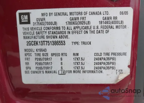 2005 Chevrolet Silverado 1500 Z71 from USA, damaged, VIN 2GCEK13T751386553